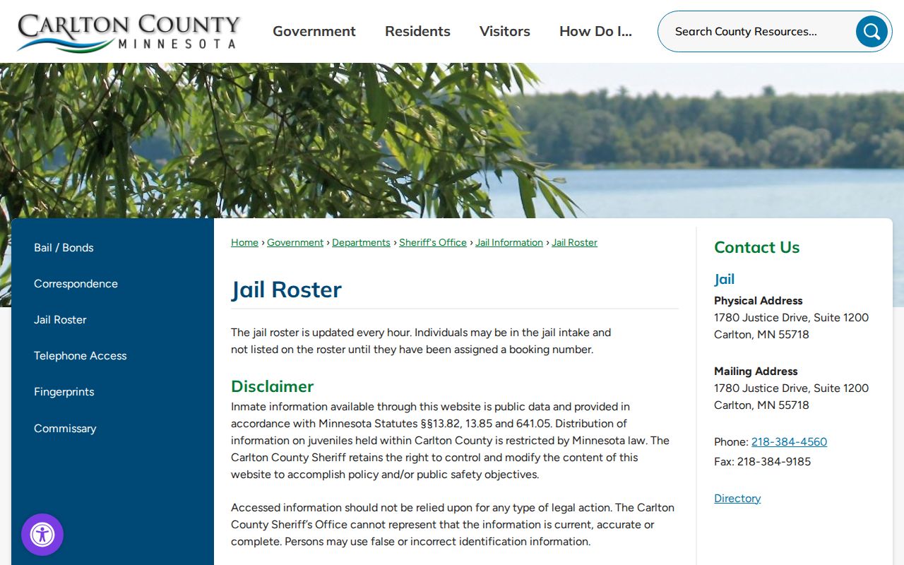 Carlton County released inmate roster cadence and disclaimer